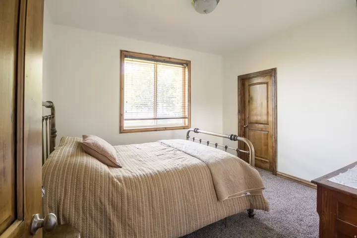 Carpeted room featuring a wood-trimmed window with blinds, a wood panel door, and a flush-mount ceiling light fixture