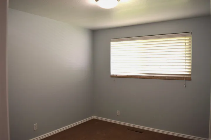 Window with horizontal blinds, brown carpet flooring, white baseboards, and a ceiling-mounted light fixture