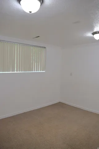 Neutral-toned carpeting grounds this space, complemented by crisp white walls and crown molding