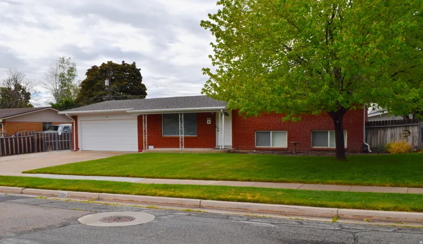 Brick exterior with a white garage door, concrete driveway, and a mature tree