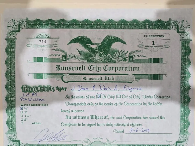 Water Connection Certificate. Documenting the ownership and specifications of the water connection for the property