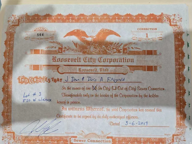 Certificate of Sewer Connection. Documenting the ownership of connection for the property