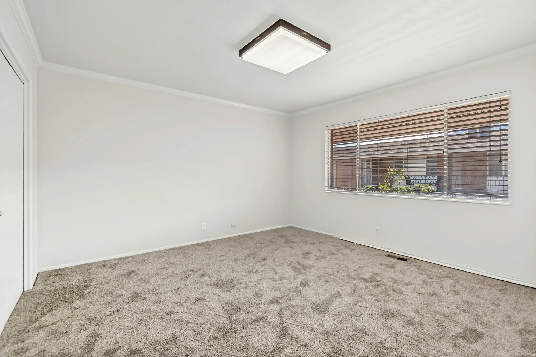 Light-filled room featuring a broad window with blinds, neutral wall paint, crown molding, baseboards, and plush carpeting