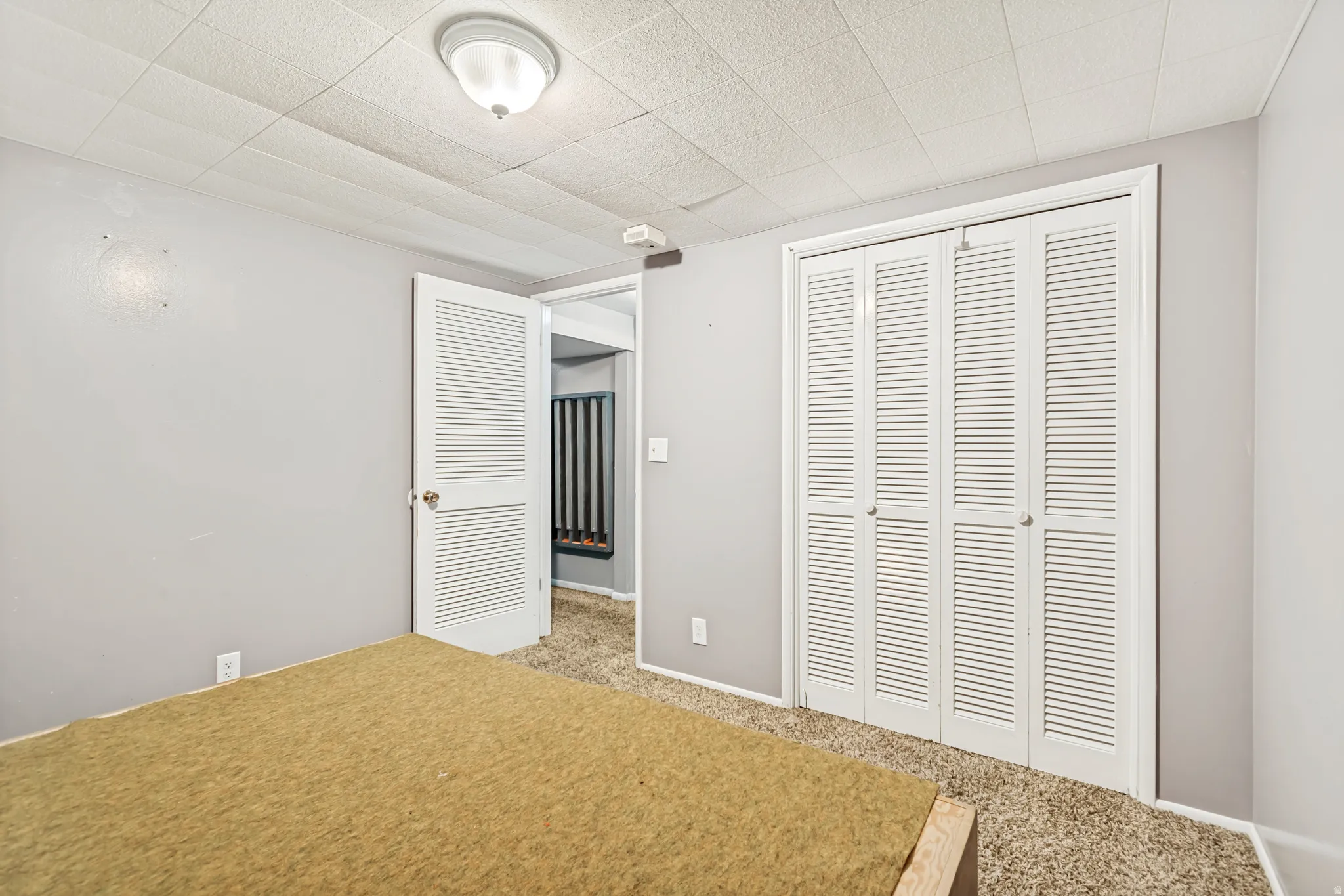 Carpeted room featuring light gray walls and a drop ceiling