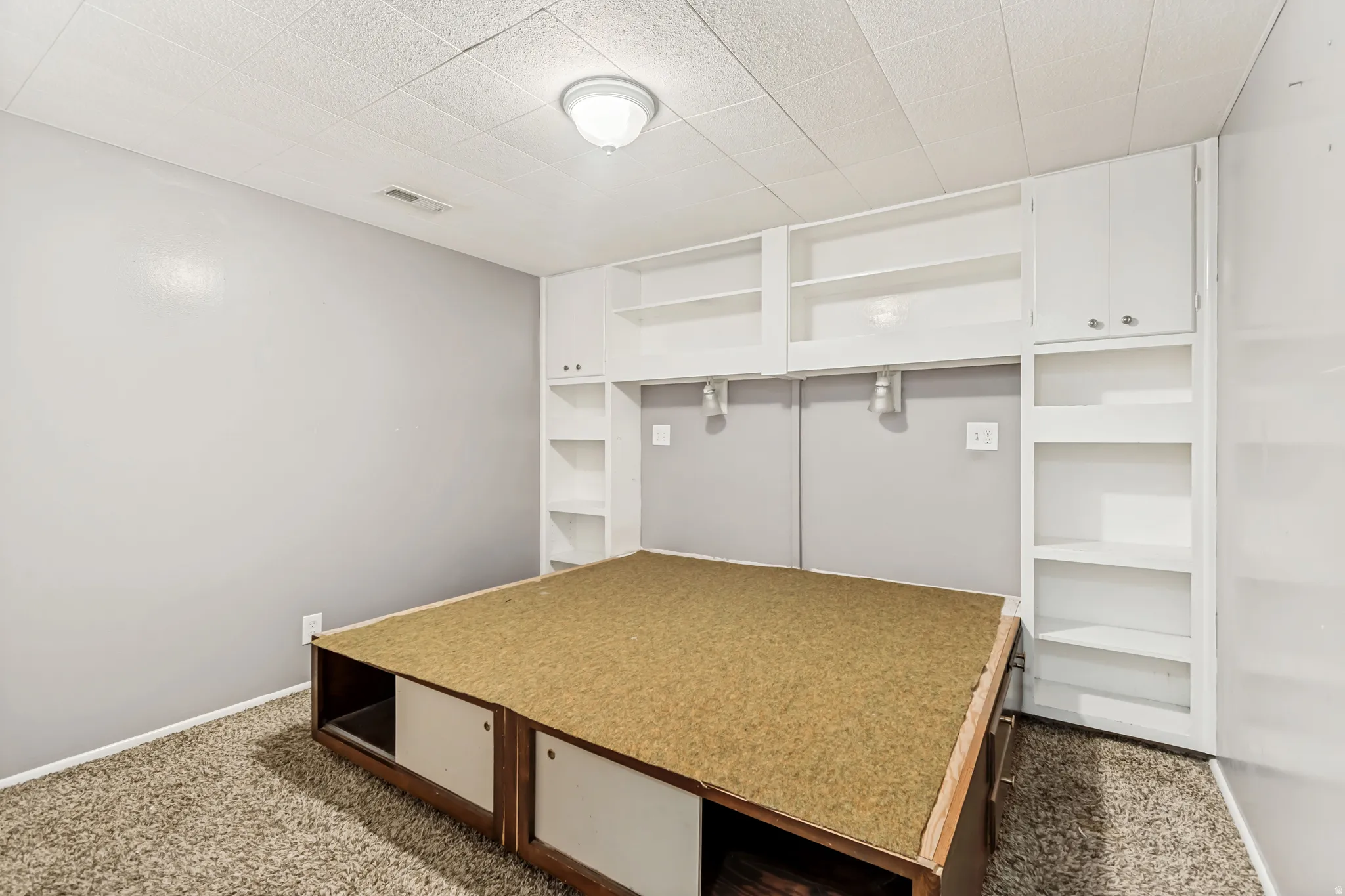 Built-in storage solutions featuring white cabinetry and open shelving, complemented by a textured carpet flooring