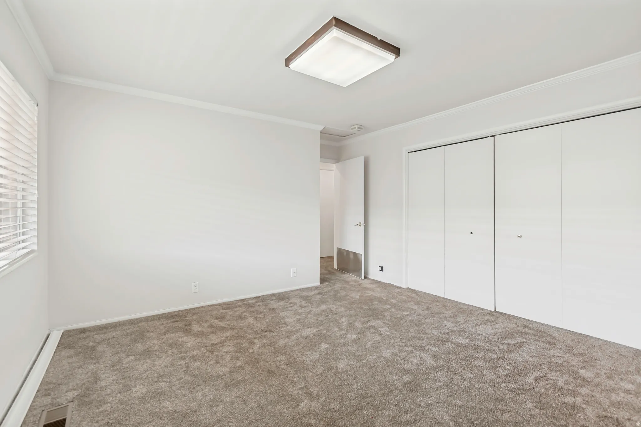 Spacious room featuring plush carpeting, white walls, and a large window with blinds