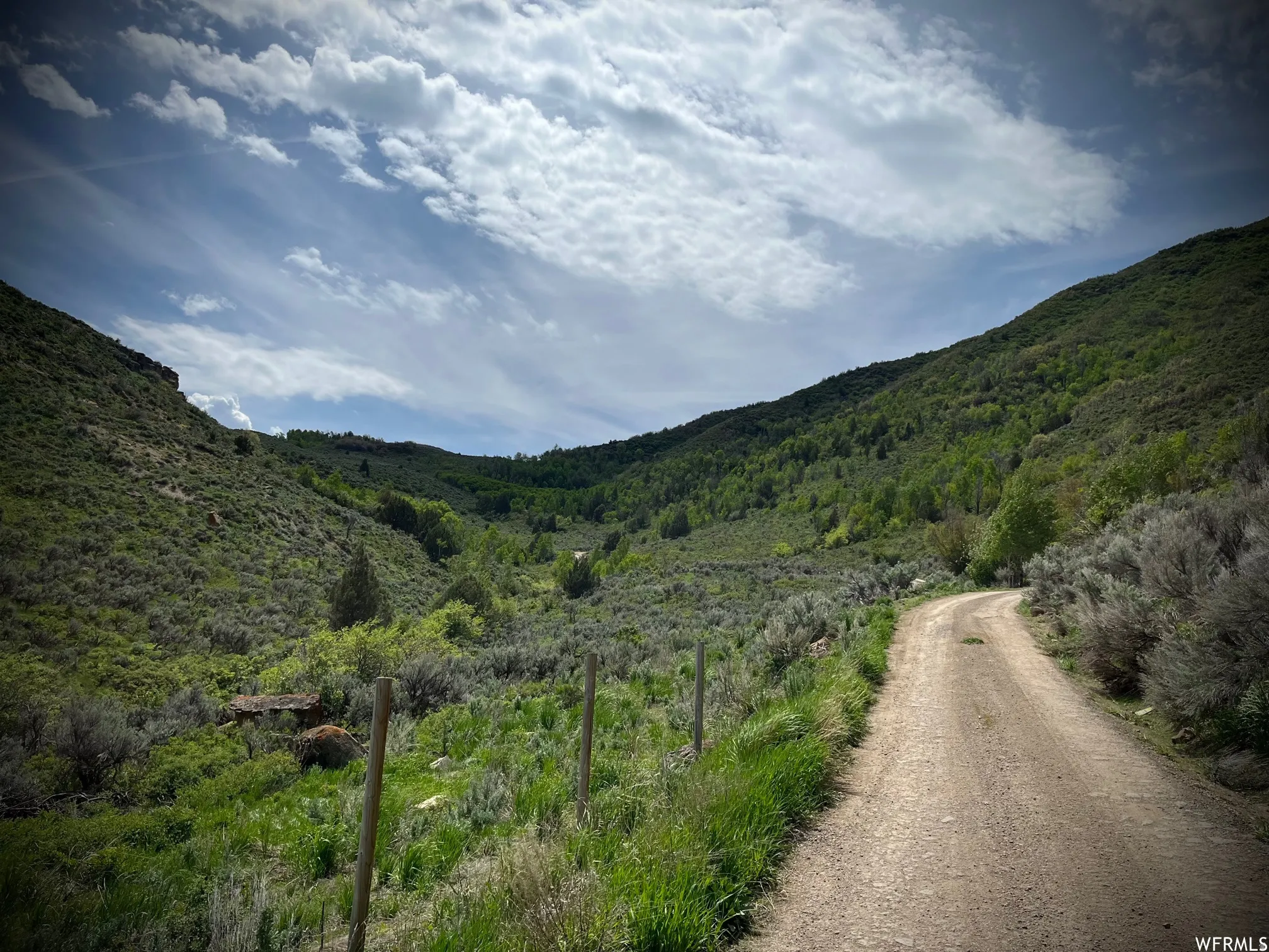 Gravel road extending into a verdant canyon with rolling hillsides