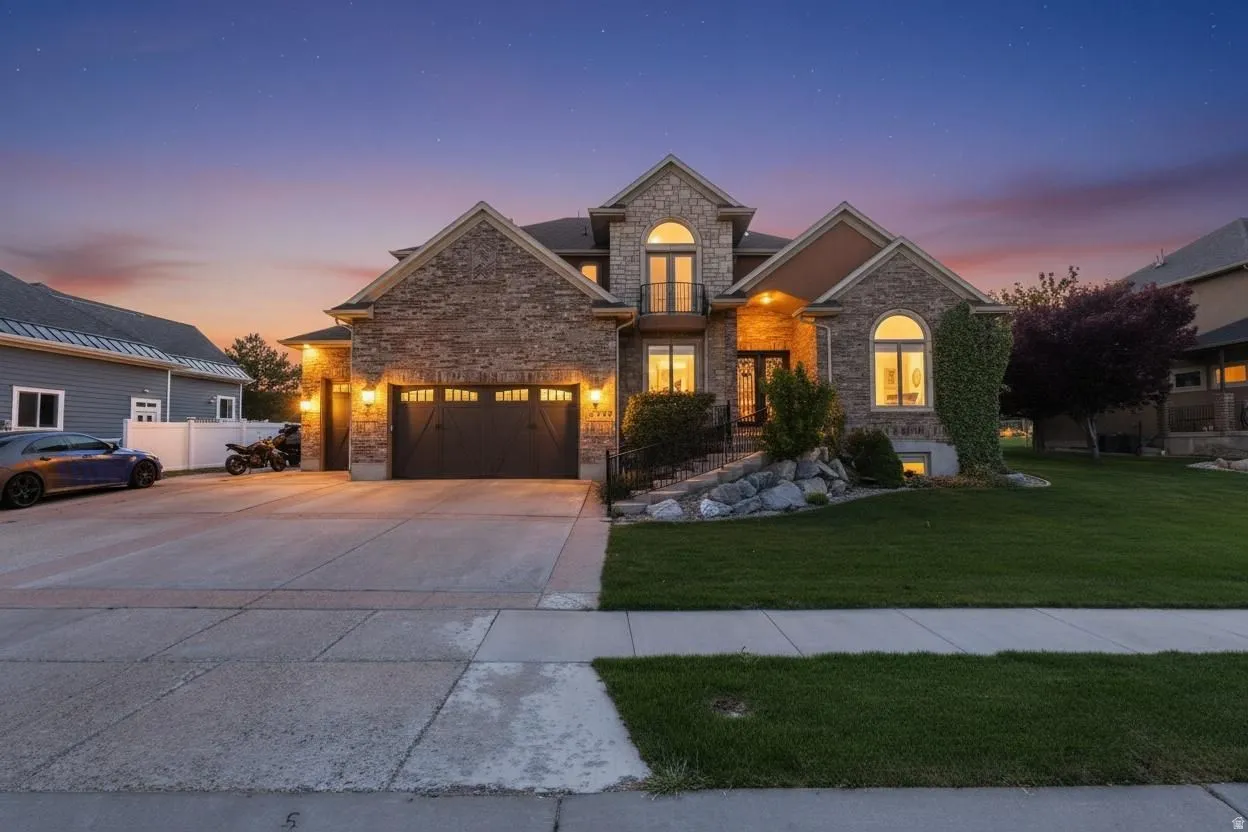 View of front of property featuring a garage, a yard, concrete driveway, stone siding, and brick siding
