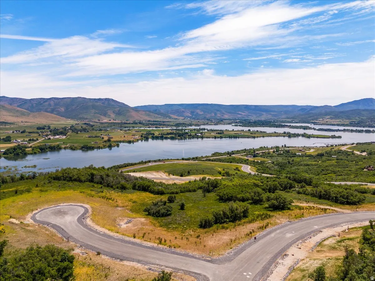 Aerial view of a water and mountain view