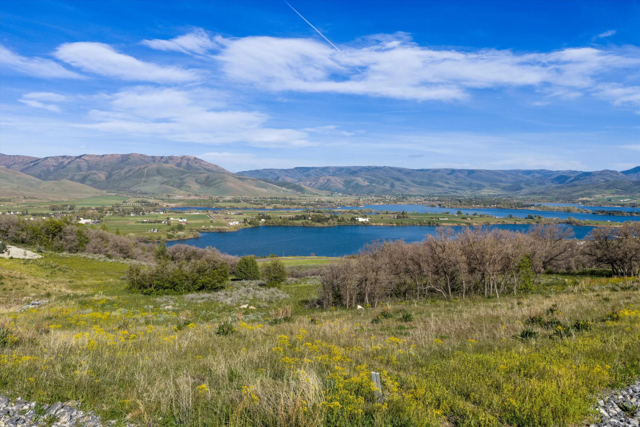 Expansive landscape featuring distant mountains, multiple bodies of water, and a foreground of natural grasses and varied foliage