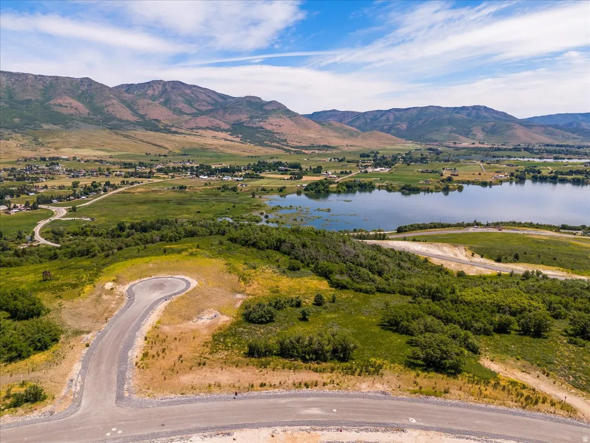 Aerial view of a water and mountain view