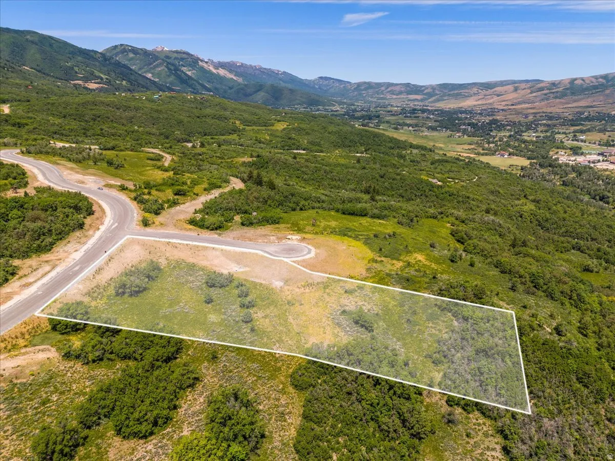 Aerial view of property's location with mountains and property parcel outlined