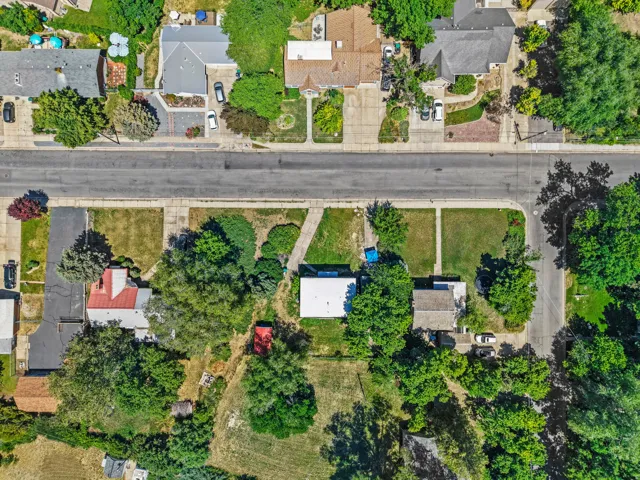 Residential property featuring a street-facing lot with established trees and a paved driveway
