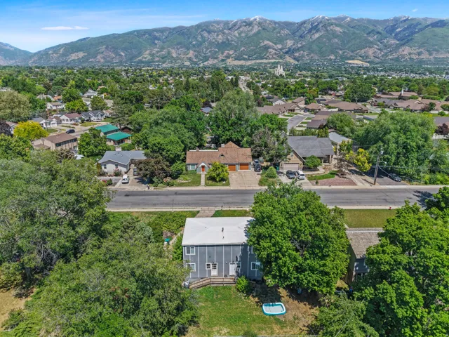 Aerial perspective showcasing a residential street with mature trees and a distant mountain range