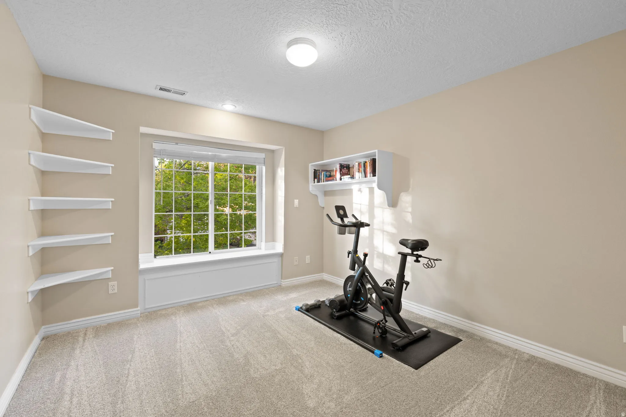 Room featuring a large window with a built-in window seat, corner shelving, and neutral carpeting