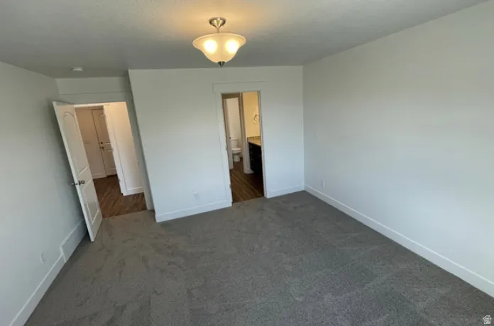 Carpeted room with white walls and baseboards