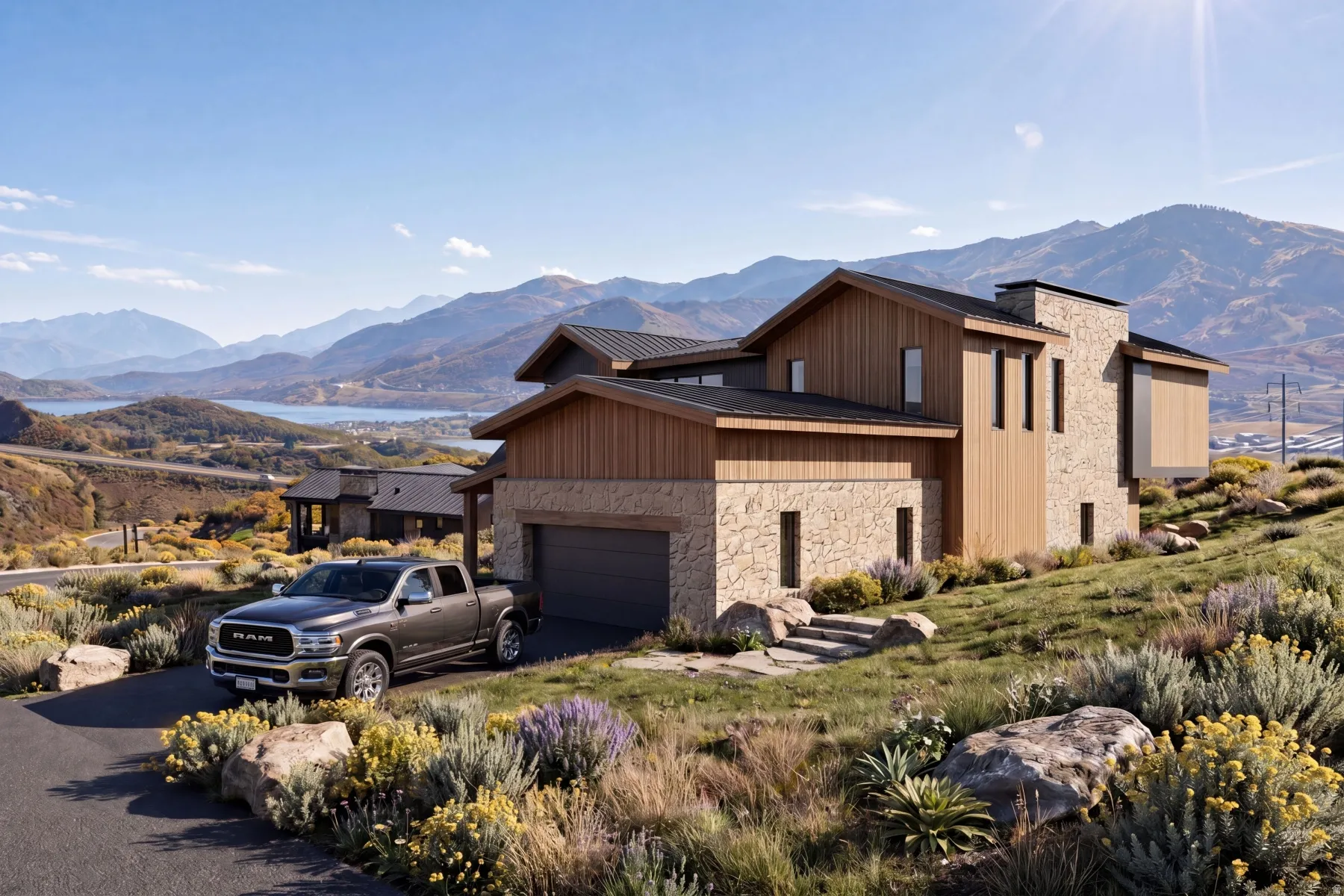 Modern architectural residence featuring a stone and wood siding exterior