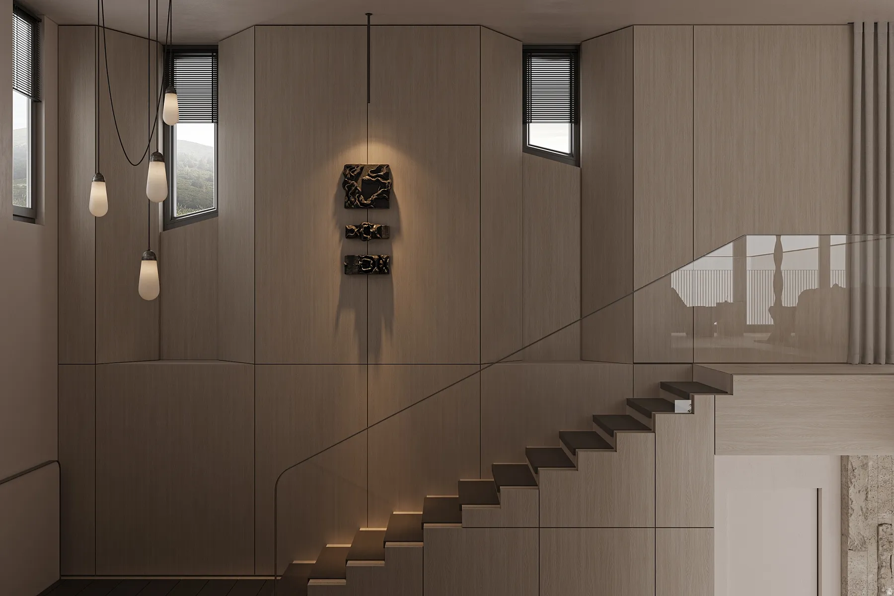 Staircase featuring wood-finish paneling and a glass railing