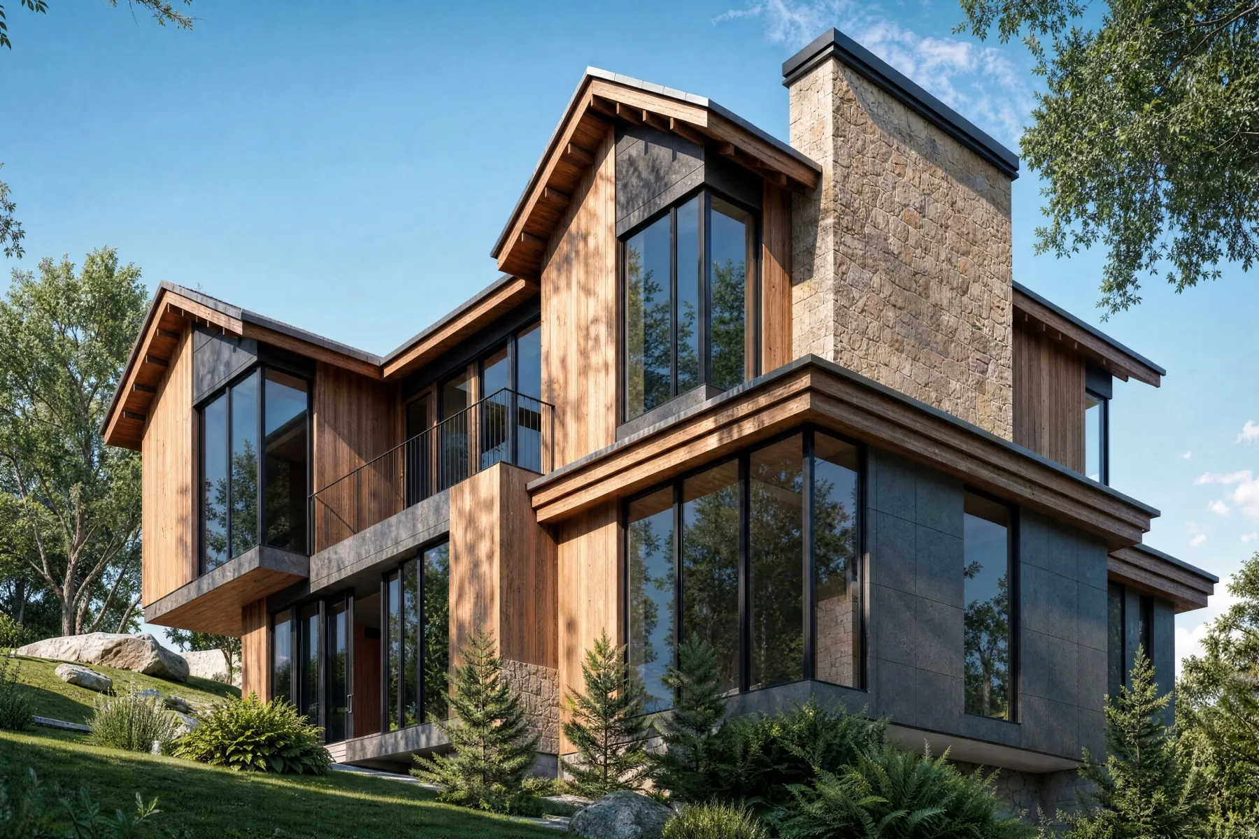Contemporary architectural design featuring extensive wood paneling, stone accents, and large floor-to-ceiling windows