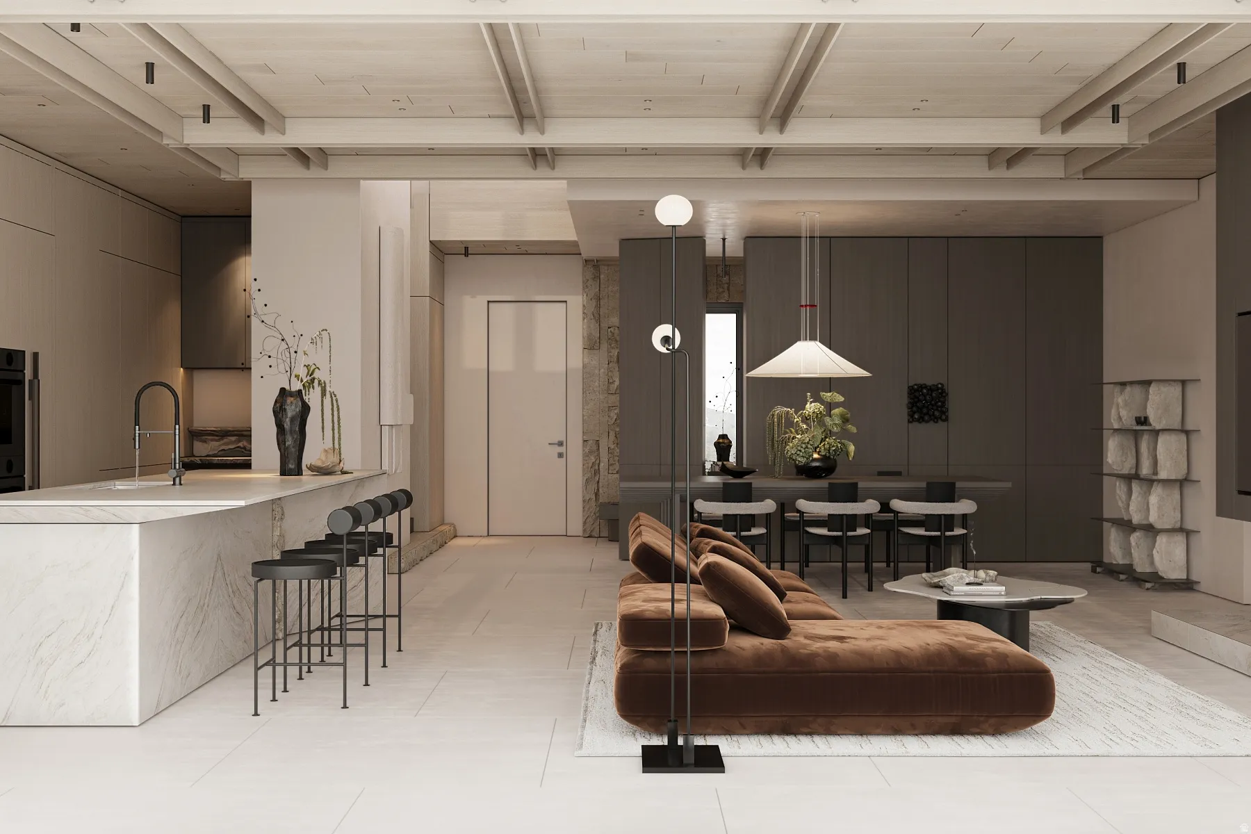 Open-concept living space featuring a substantial kitchen island with an integrated sink and gooseneck faucet, light-toned wood-finish ceiling beams, and a dining area with pendant lighting