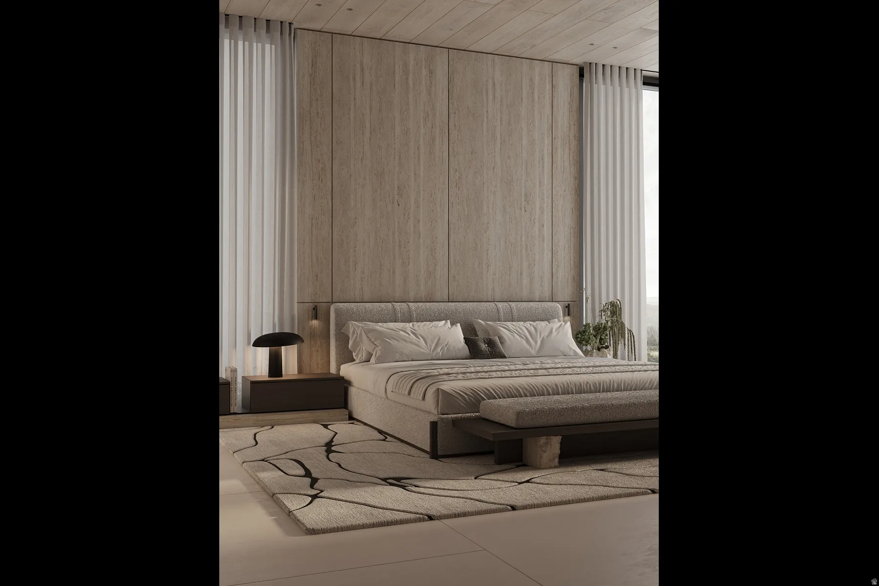 Bedroom featuring a full-height paneled accent wall, a coordinated upholstered headboard, floor-to-ceiling drapery, and a wood-finish ceiling