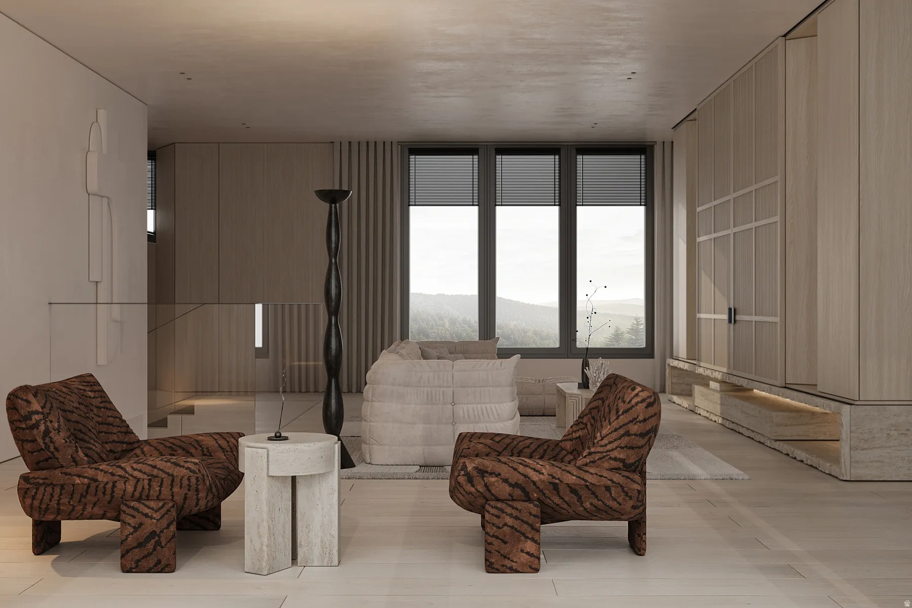 Spacious living area featuring light wood-finish flooring, a full wall of integrated cabinetry, large windows with roller shades, and a glass paneled railing