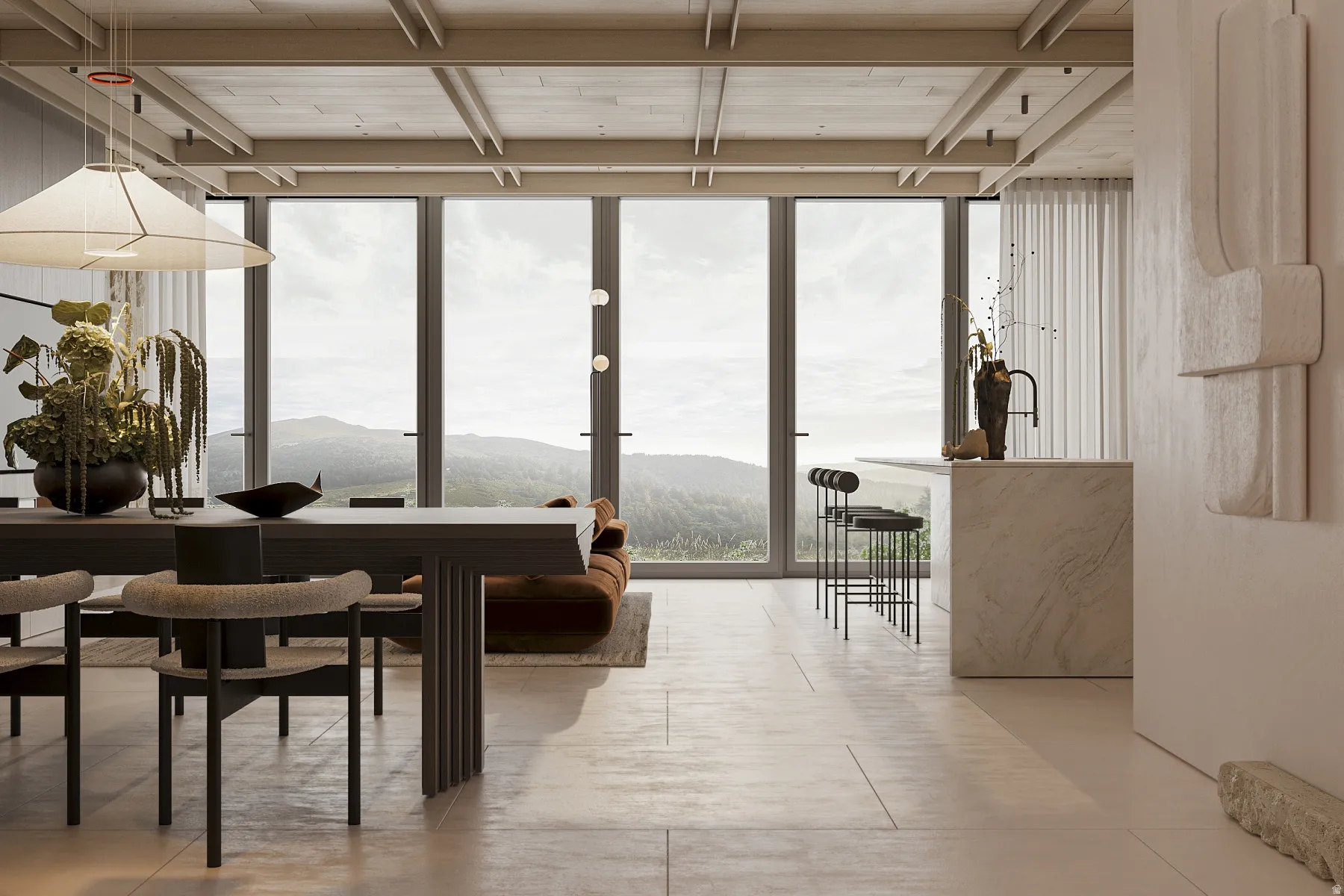 Expansive floor-to-ceiling windows frame distant mountains
