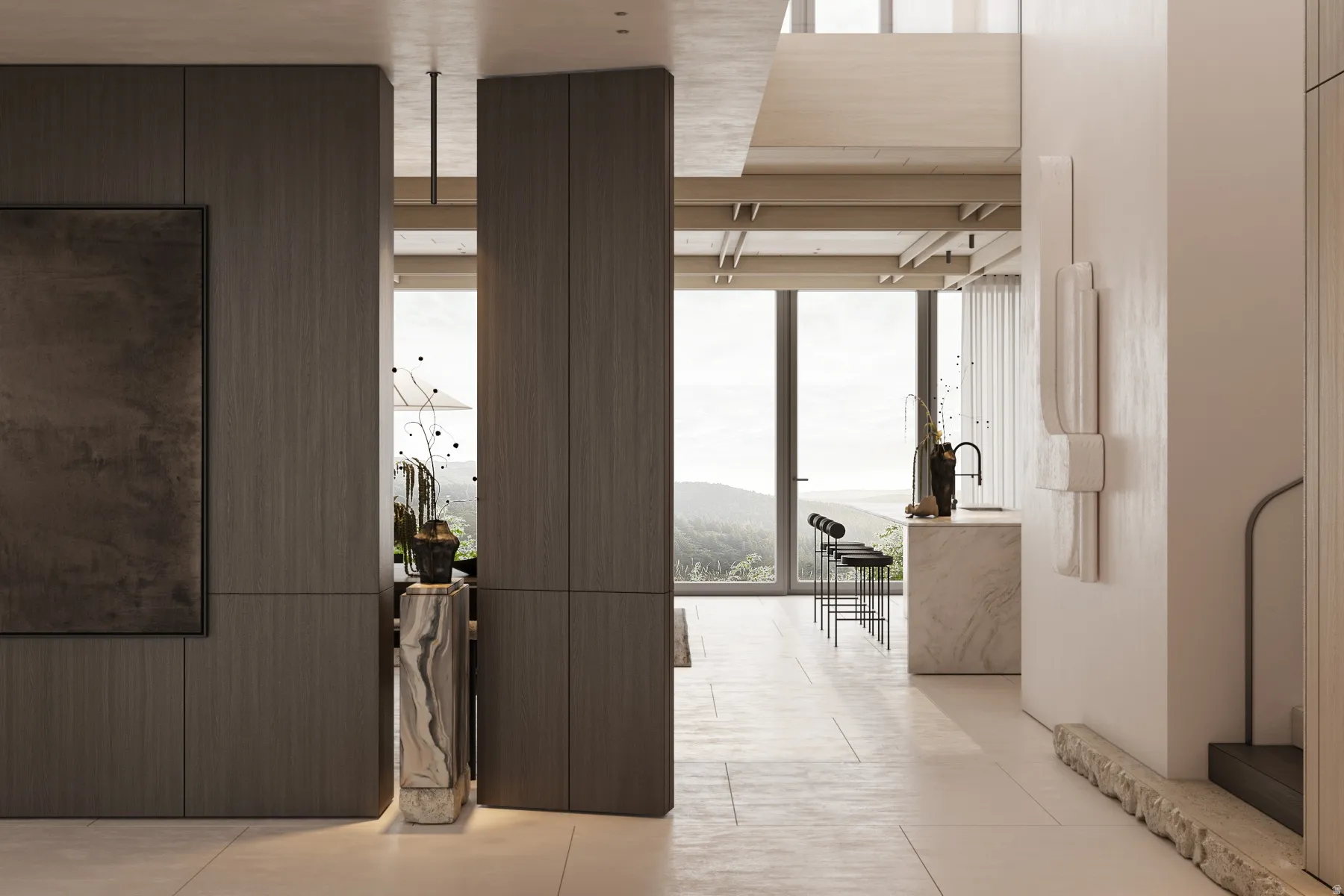 Expansive floor-to-ceiling windows illuminate the interior