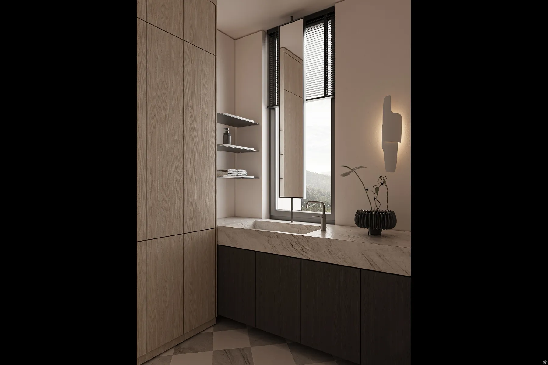 Integrated wood-finish cabinetry providing ample storage
