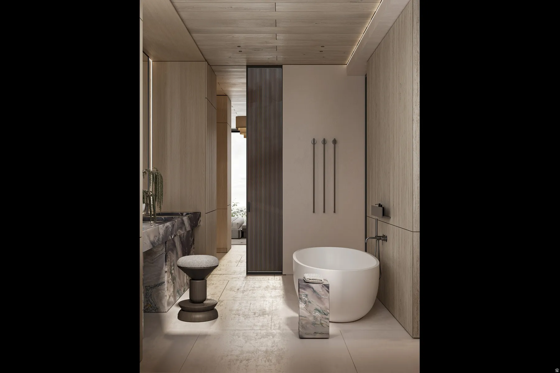 Modern bathroom featuring a freestanding soaking tub and stone-finish flooring