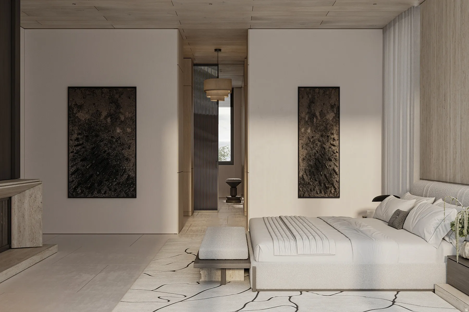 Expansive interior featuring a light wood-finish ceiling, large format floor tiles, and a built-in stone-clad fireplace