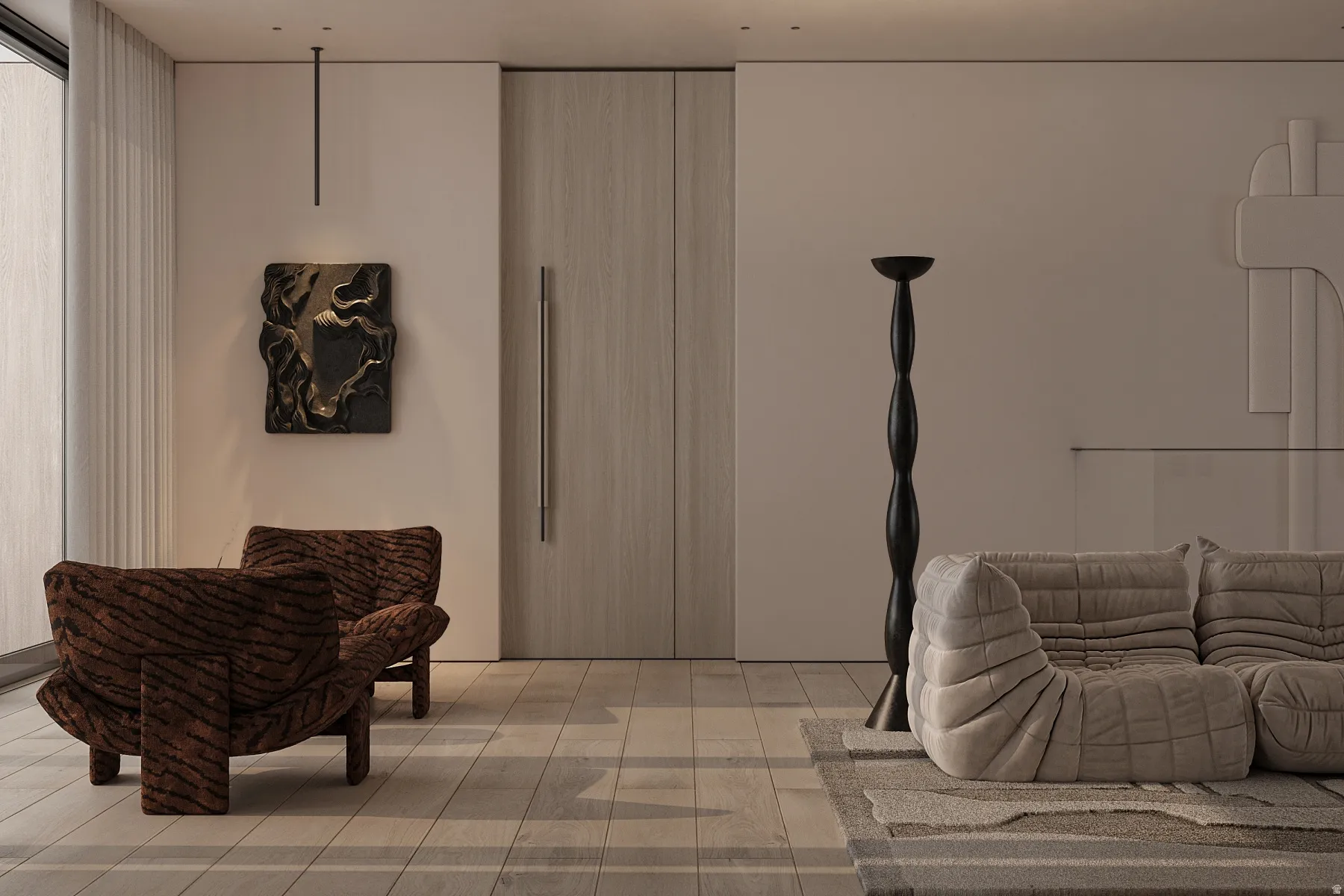 Light wood-finish flooring complements the neutral wall tones