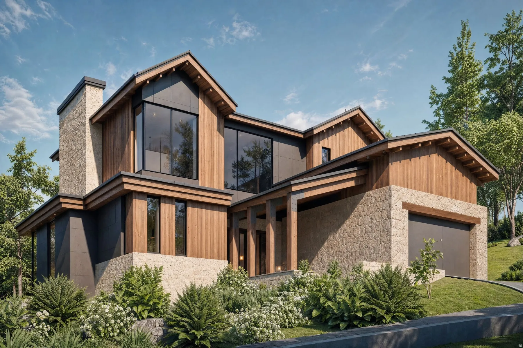 Modern architectural design featuring extensive natural wood siding, stone veneer accents, large format windows, a prominent stone chimney, and an integrated garage with a contemporary door