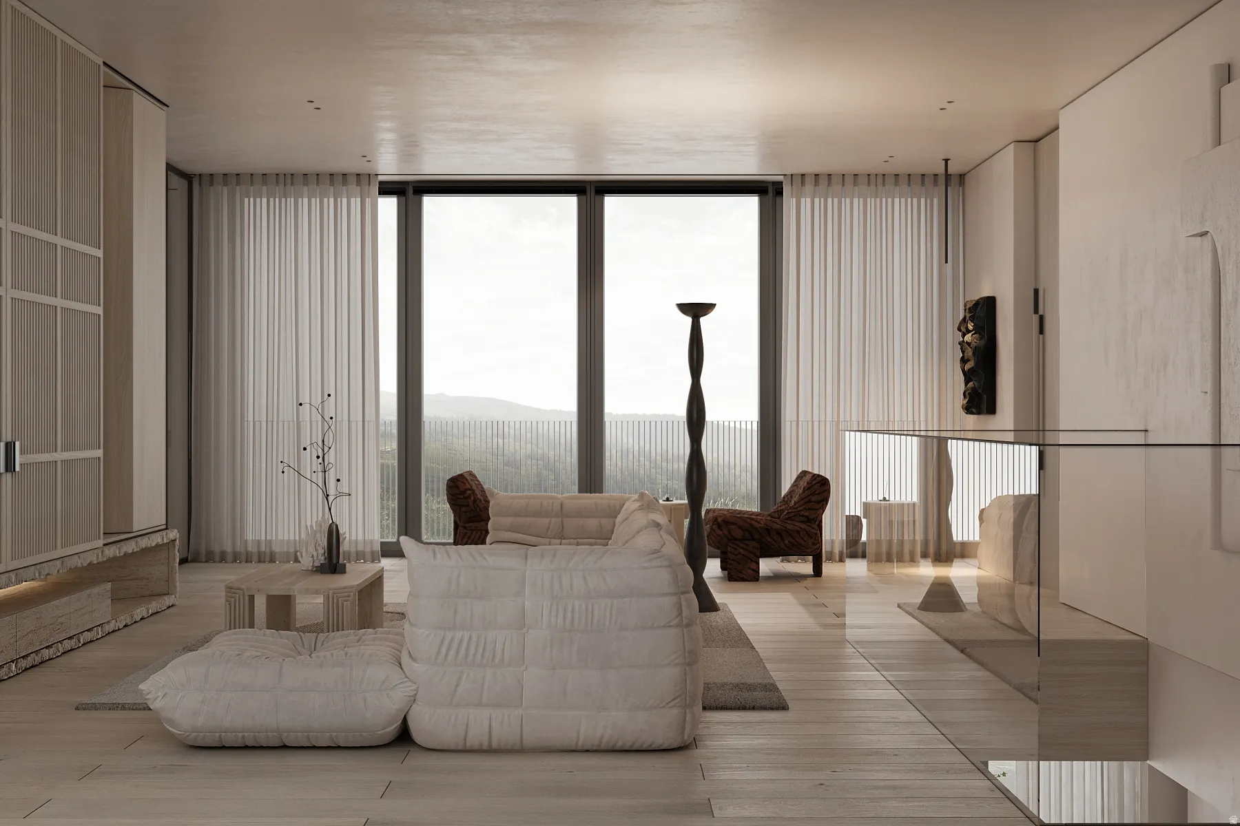Open-concept living area featuring light wood-finish flooring, full-height windows with sheer window treatments, a glass railing, and built-in cabinetry with a textured base