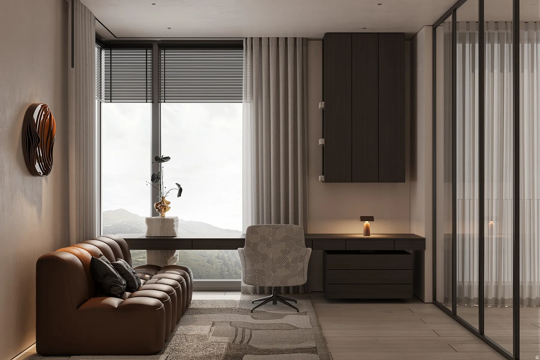 Floor-to-ceiling windows with mountain scenery, dual workstations, and dark wood-finish cabinetry