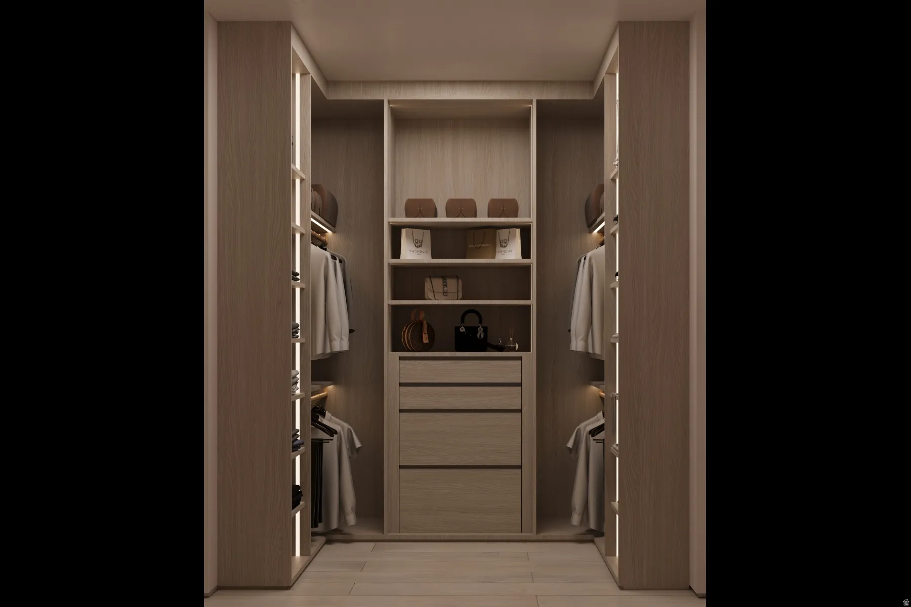 Custom built-in closet system featuring wood-finish cabinetry