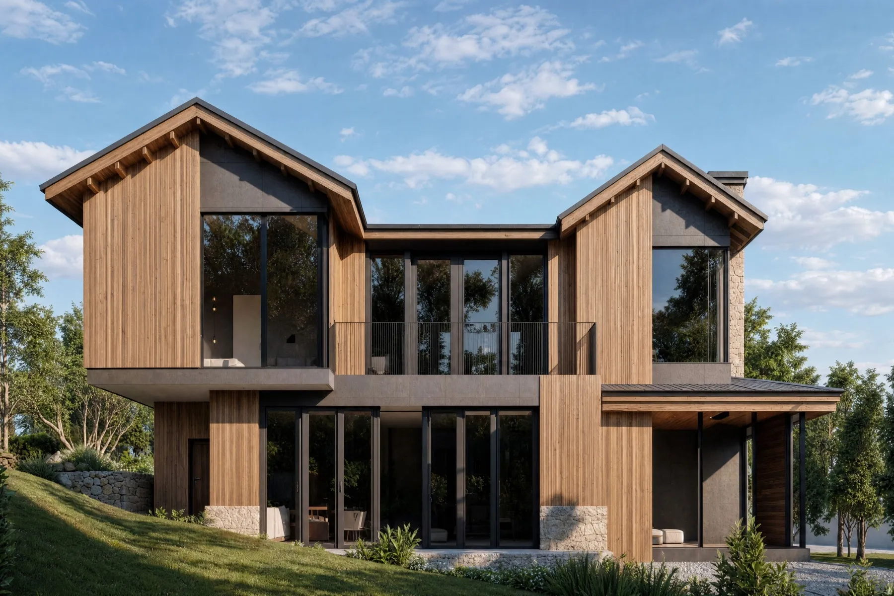Modern architectural facade featuring natural wood siding, stone accents, multiple large windows, a prominent balcony, and a covered entry