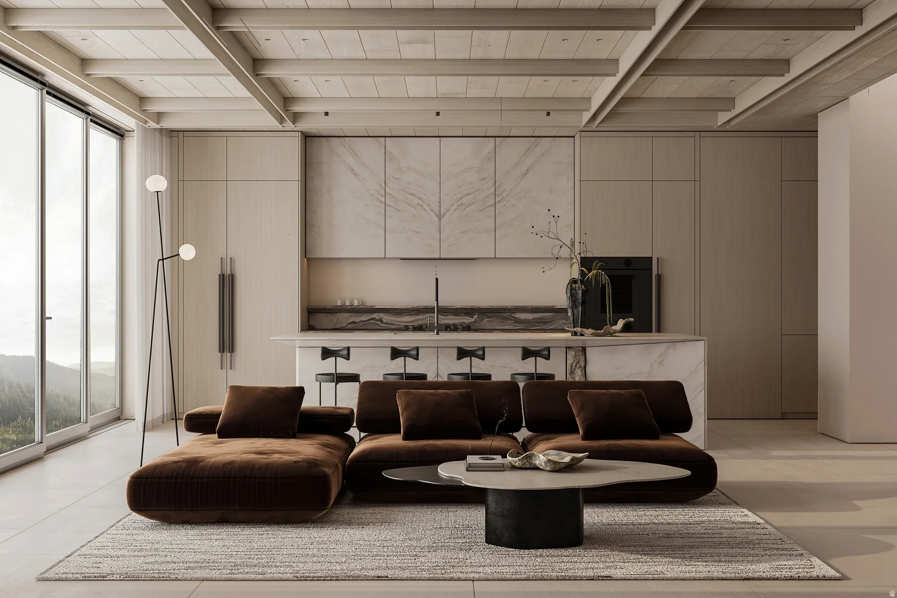 Open-concept living space featuring a full-height glass wall, exposed beam ceiling, and stone flooring