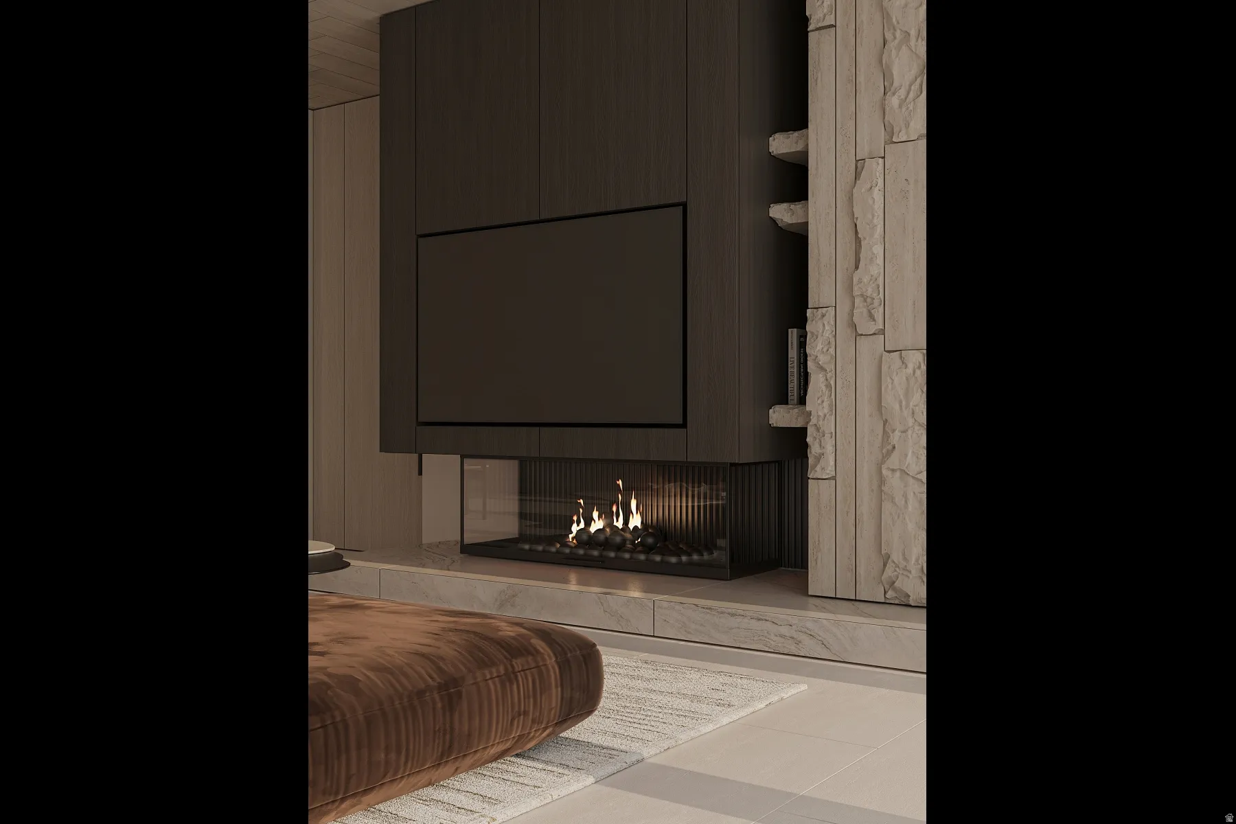 Integrated media wall featuring a dark wood-finish panel, built-in linear fireplace with glass enclosure, stone-clad vertical accent, and recessed shelving