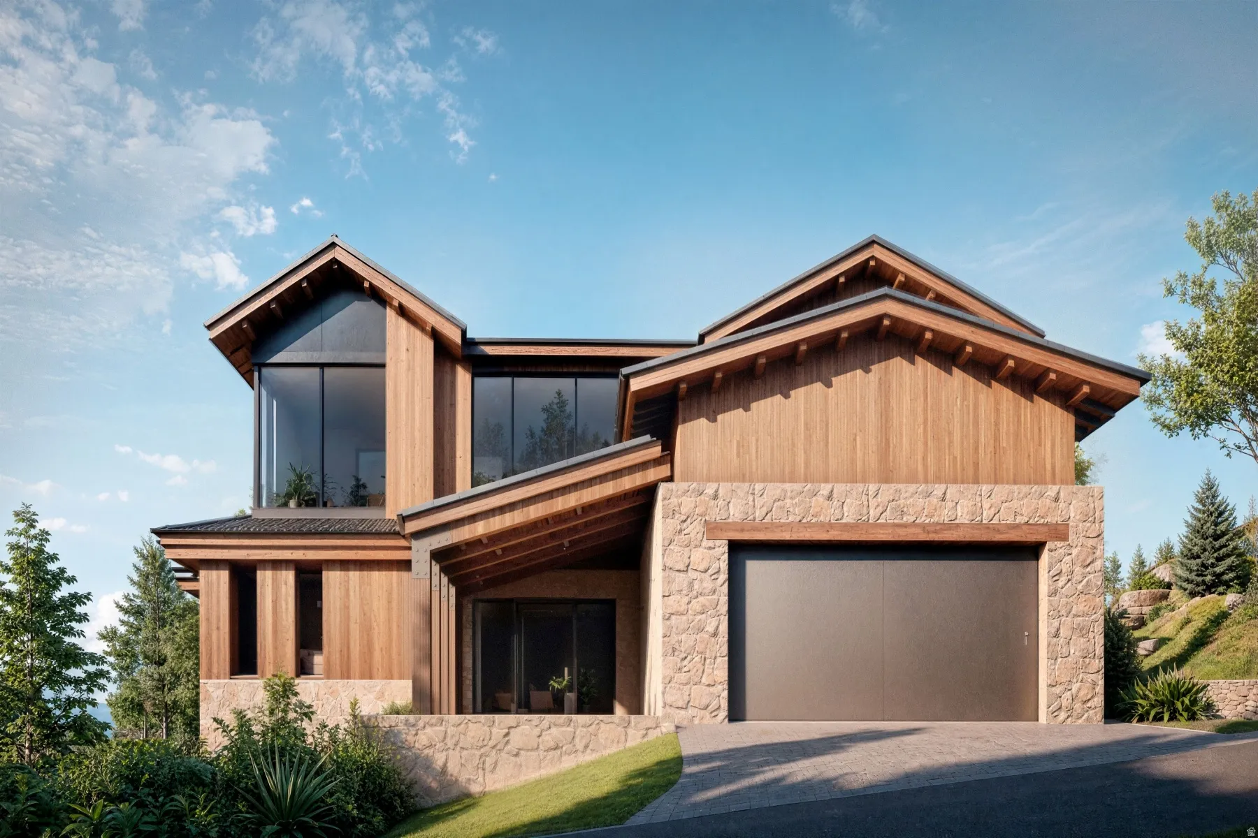 Modern architectural design featuring extensive wood paneling and stone masonry