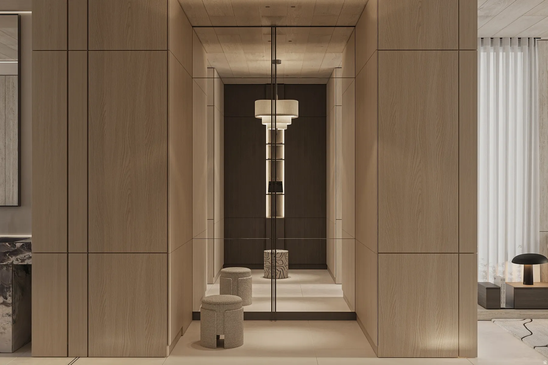 Integrated wood-finish paneled cabinetry, recessed lighting, and a full-height mirror feature a contemporary pendant fixture