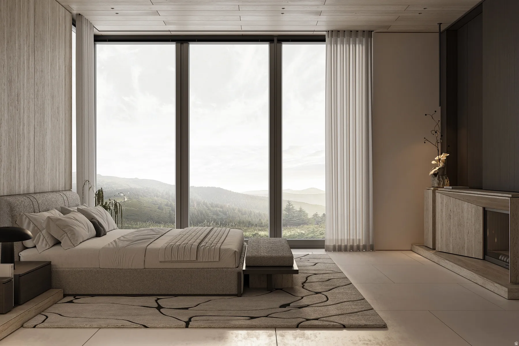 Expansive floor-to-ceiling windows with mountain and tree scenery