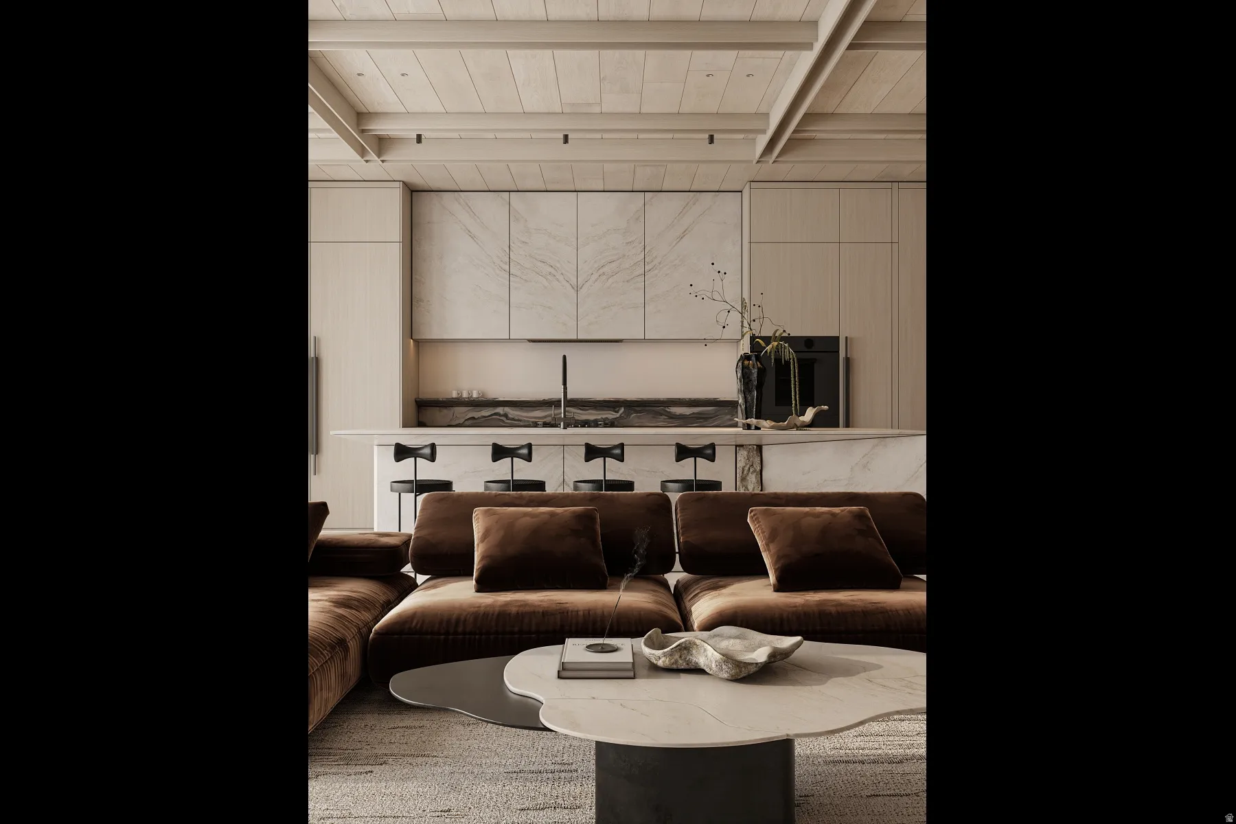 Open-concept living space with a white wood-planked ceiling and exposed beams