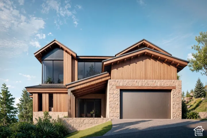 Contemporary-style residence featuring natural wood siding and stone accents