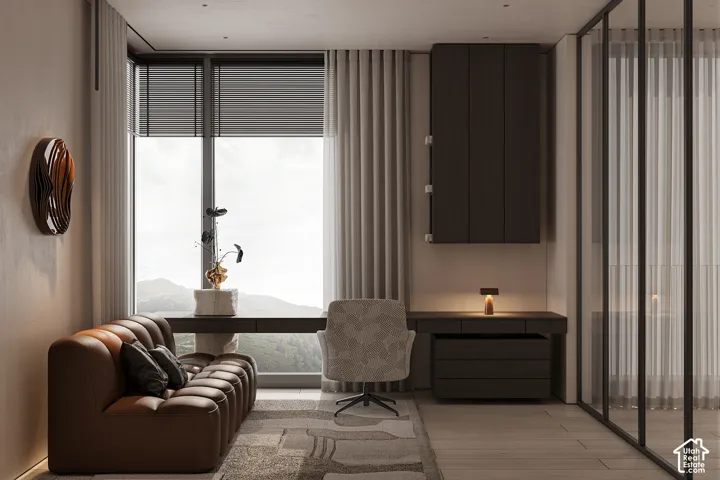 Floor-to-ceiling window with horizontal blinds and drapery