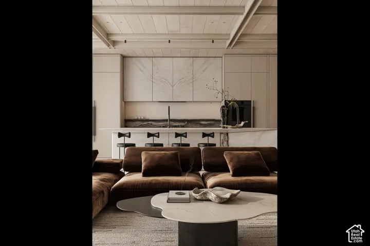 Open-concept living space featuring a wood-panel ceiling, integrated kitchen cabinetry, a large kitchen island with seating, a built-in oven, and a marble-finish backsplash