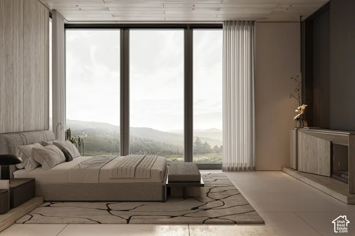Floor-to-ceiling windows with expansive scenery, complemented by a wood-paneled ceiling, light-colored tile flooring, and integrated wall paneling