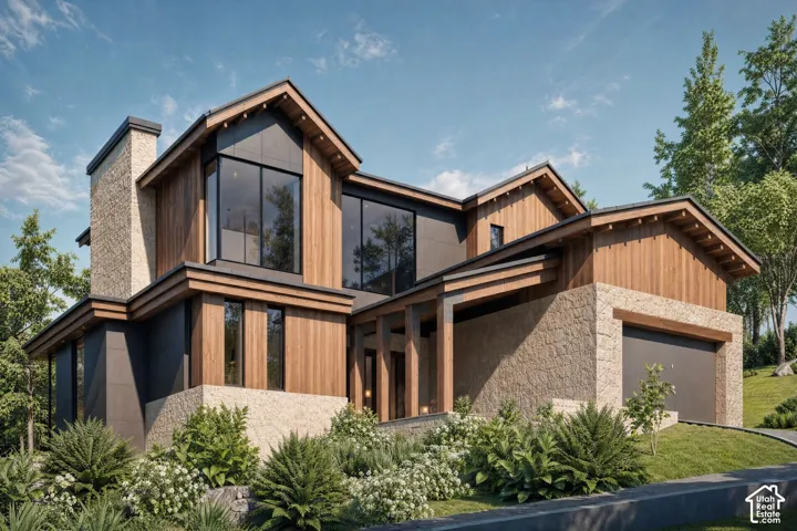 Contemporary multi-level residence showcasing extensive natural wood siding, stone veneer accents, and large picture windows