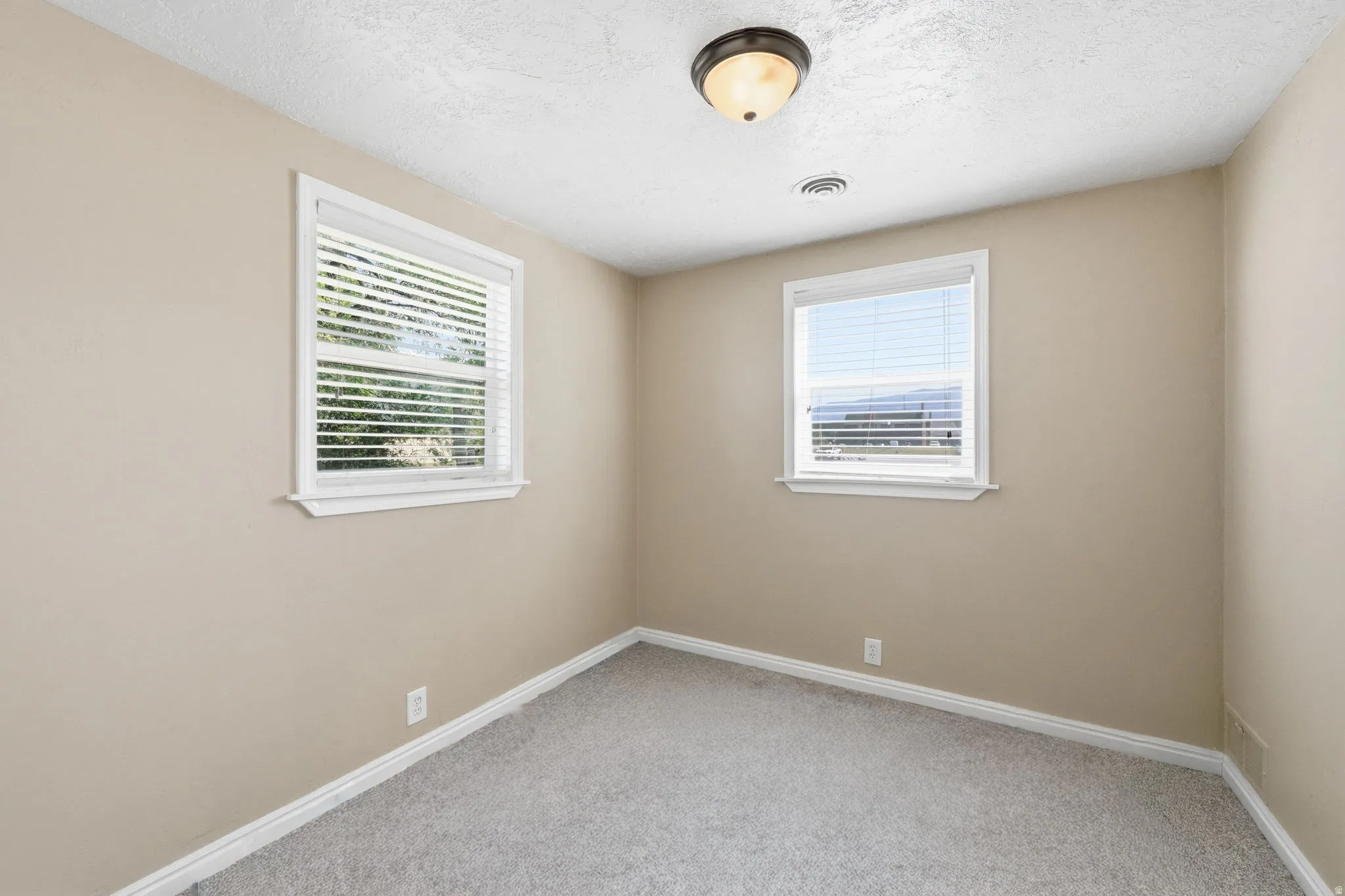Neutral-toned room with two windows featuring white blinds, light beige walls, and grey carpeting