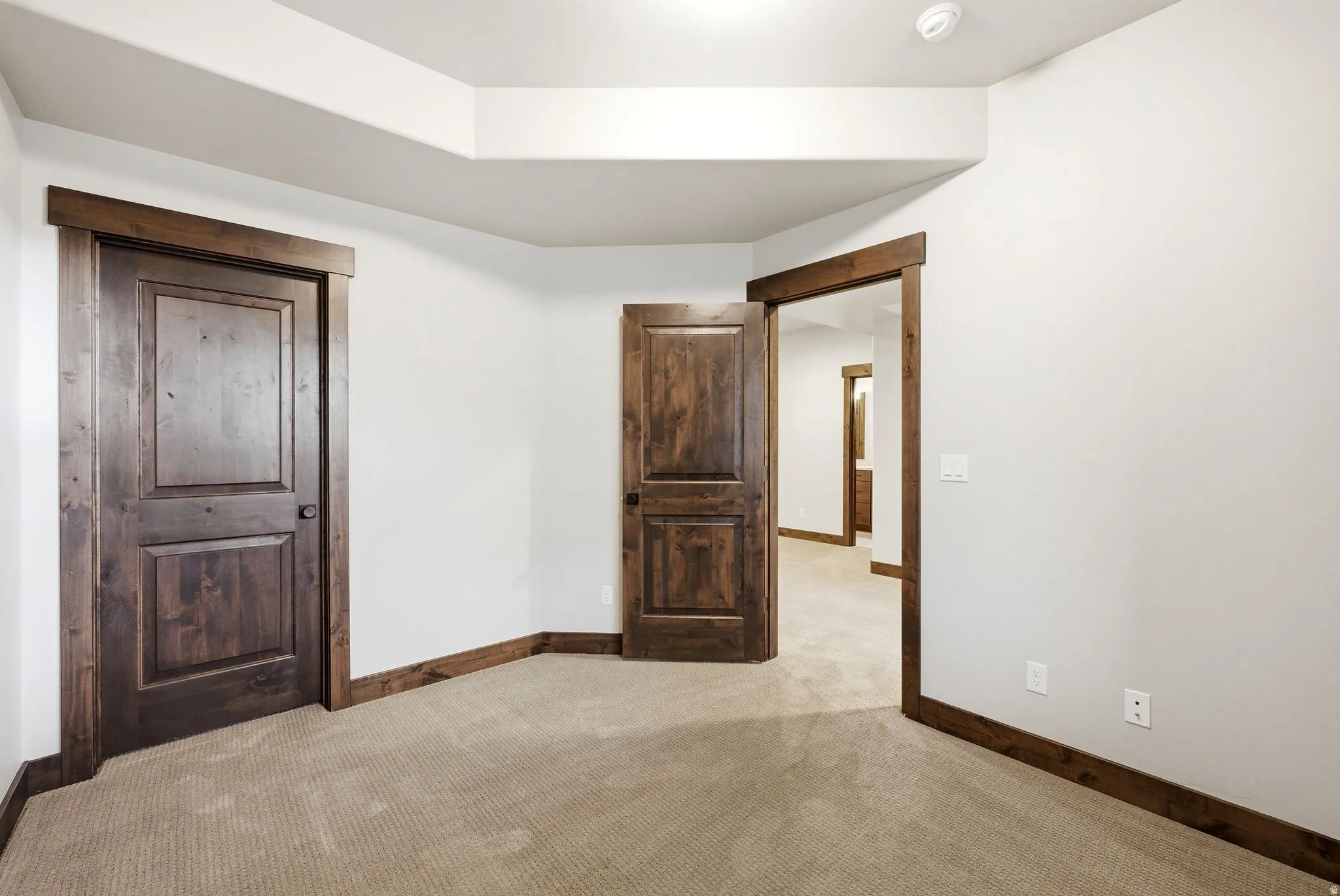 Room featuring light-colored carpeting and white walls
